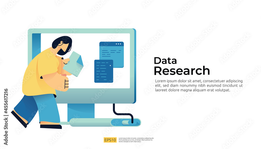 Poster people character working with data, analyzing and auditing business processes. data collection, anal