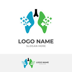 lungs health logo design, lungs and cross, combination logo with flat green and blue color style