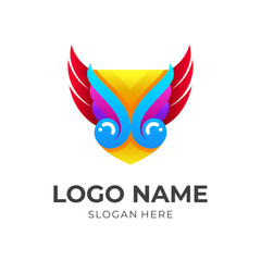 shield and wings logo design vector, 3d simple style