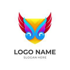 Fototapeta premium shield and wings logo design vector, 3d simple style