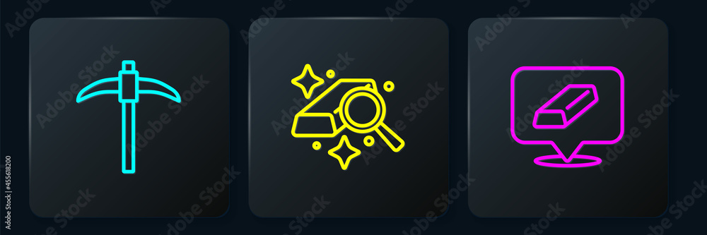 Poster set line pickaxe, gold bars and . black square button. vector