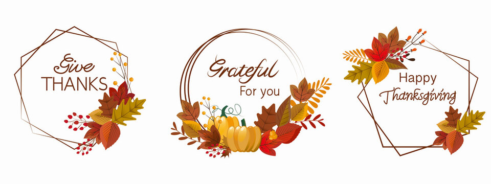 Set of Autumn round Calligraphy. Thanksgiving typography decoration with autumn leaves, berries and pumpkin. thanks message text design elements for card, poster, banner, web and design.