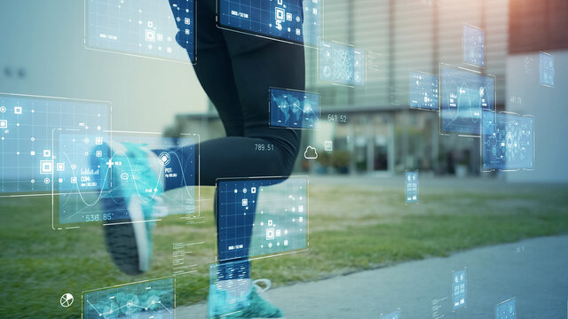 ランニングする女性とテクノロジーイメージ　スポーツテック