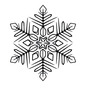 Vector image. Black pattern of snowflakes on a white background. Round symmetrical crystal fluff. Snowflake symbol for printing jewelry, fabric, postcards. New Year and Christmas theme.