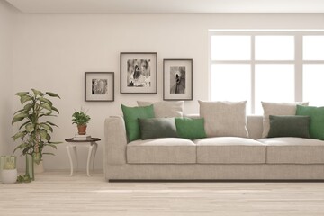 Fototapeta premium White living room with sofa. Scandinavian interior design. 3D illustration