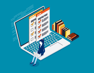 Isometric online checking. Business vector illustration concept