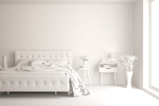 Modern bedroom in white color. Scandinavian interior design. 3D illustration