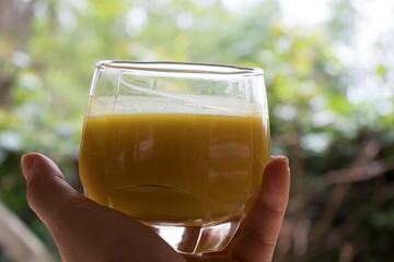 Fresh squash juice isolated on the garden,concept and idea of food countryside style.