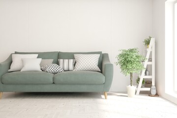 White living room with sofa. Scandinavian interior design. 3D illustration