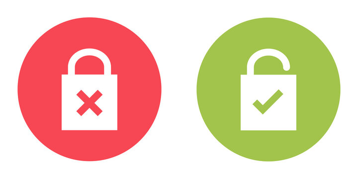 Conjunto de icono de candado abierto y cerrado. Concepto de seguridad, clave, contrase&ntilde;a y protecci&oacute;n. X y visto. Correcto e incorrecto. Ilustraci&oacute;n vectorial, estilo rojo y verde
