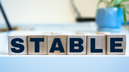 STABLE is a word written in black letters on wooden cubes.