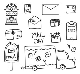 World Mail Day, a collection of letters and parcels, a set of mailboxes, a car delivers mail, parcel delivery, a set of envelopes and boxes. Simple doodle style, drawn with lines by hands. Vector