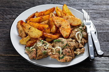 Grilled Pork Shoulder Steaks with potato wedges