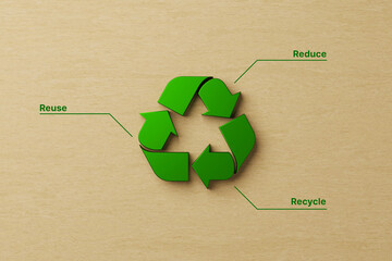 Reuse, reduce, recycle concept. Top view of recycle symbol on wooden background. 3D illustration