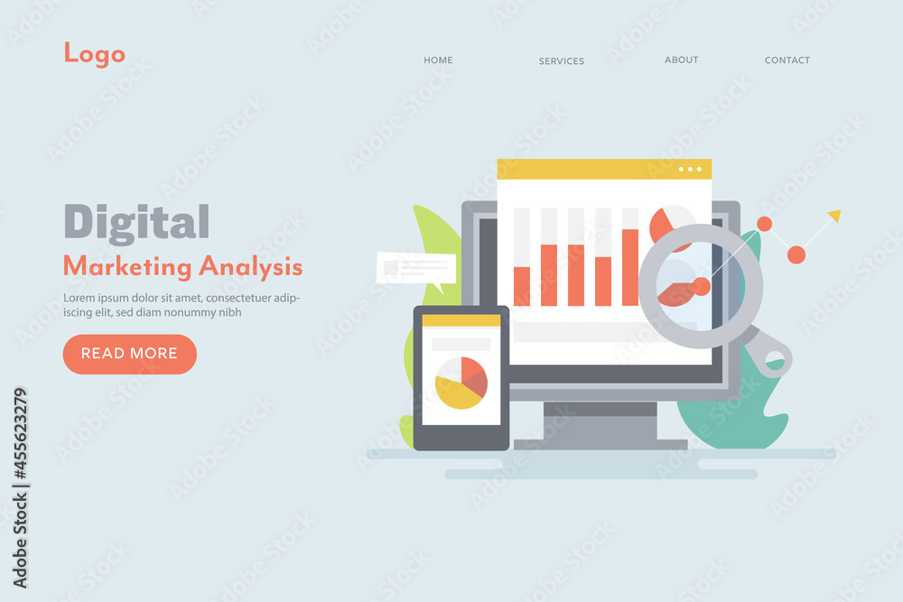 Poster digital marketing analytics, analysing and monitoring report of marketing data, kpi metrics, busines