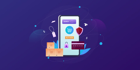 Mobile ecommerce security, using bank credit card securely on smartphone ecommerce app, financial data protection, secure online shopping, digital payment concept. Web banner template.