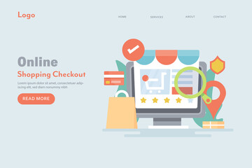 Shopping online, placing order on ecommerce web store, using bank credit card for online financial transaction, secure payment, digital store on computer screen, web banner template.