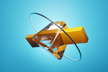 3d illustration classic still life with yelllow geometric shapes: parallelepiped, cube, ring