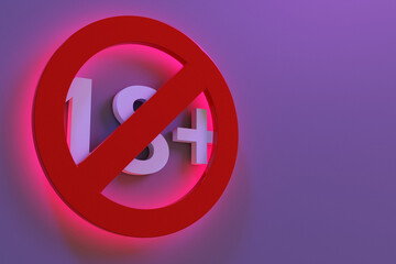 3d illustration of a red glowing 18 years age restriction sign on a purple background. Under 18 is prohibited sign. Number eighteen in a red circle with a line through it. Age restriction sign