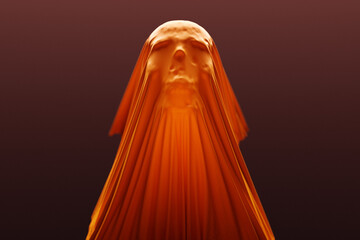 3d illustration of a silhouette of a skull  under a orange cloth on a dark background. Skull art .Halloween concept.