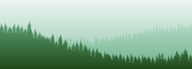 Foggy morning in coniferous forest. Silhouettes of trees. Wild hilly landscape. Pine, cedar. Landscape is horizontal. Illustration vector