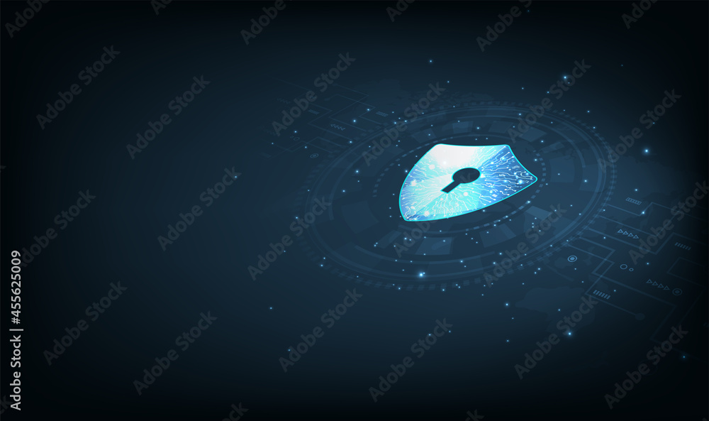 Aufkleber Cyber security and internet network protection. Computer protection virus attack with shield Keyhole icon on dark Blue background. Vector illustration Eps10.