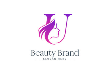 Letter U beauty logo design. Woman face silhouette isolated on letter U