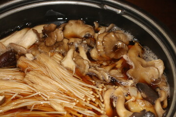 Closeup of mushroom hot pot 