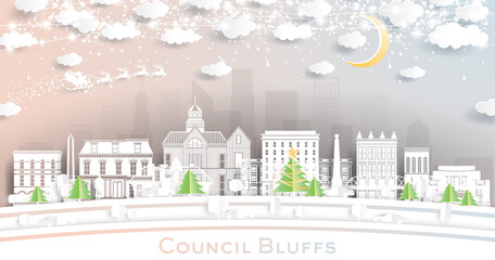 Council Bluffs Iowa City Skyline in Paper Cut Style with Snowflakes, Moon and Neon Garland.