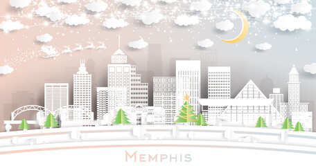 Memphis Tennessee City Skyline in Paper Cut Style with Snowflakes, Moon and Neon Garland.