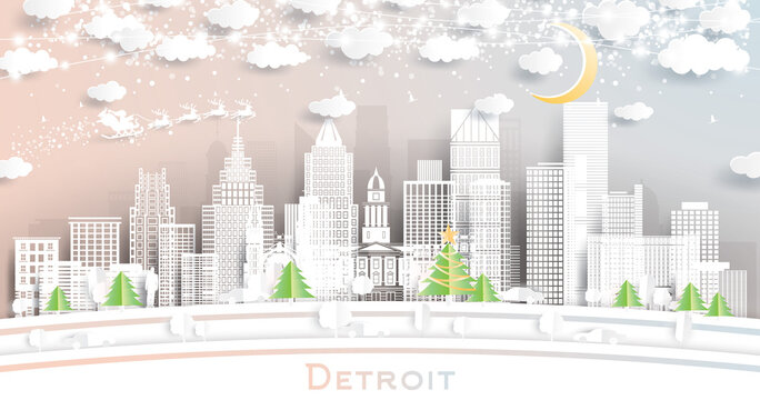 Detroit Michigan City Skyline in Paper Cut Style with Snowflakes, Moon and Neon Garland.
