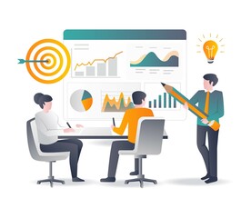 concept flat design, product data analysis and seo optimization and meeting