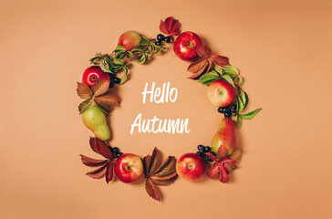 Autumn seasonal fruits apples pears grapes fallen leaves lined with frame pastel background, with phrase Hello Autumn