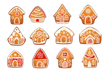 Gingerbread Houses Set. Cute Christmas Traditional Cookie with white icing decoration. Vector illustration.