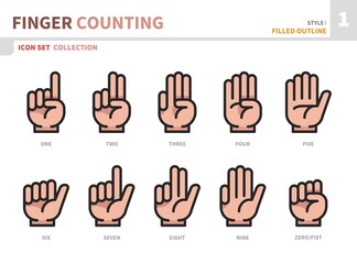 finger counting hand icon set,filled outline style,vector and illustration