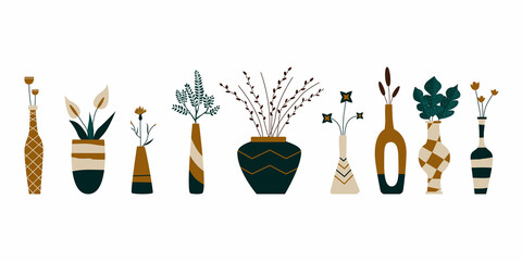 A set of flowers in ceramic vases, pots, Scandinavian flat style. Field, tropical, potted plants. Set on white background, vector illustration. Calla, cattails, cornflowers, poppies, tropical leaves