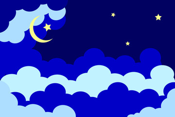 Night bright starry sky and moon. White shine stars on the clouds background, banner, backdrop. Cloudy weather. 