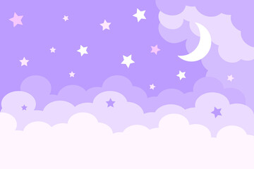 Night bright starry sky and moon. White shine stars on the clouds background, banner, backdrop. Cloudy weather. 