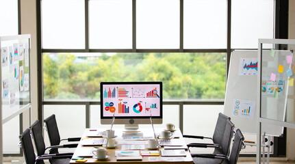 Analysis sales target growth graph chart investment report data on big computer screen monitor...