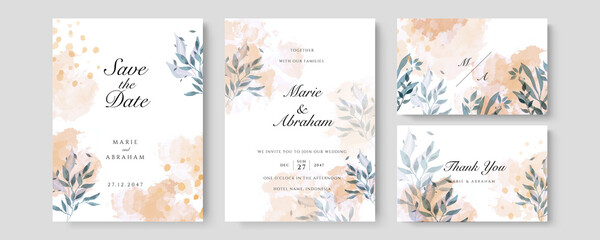 Watercolor wedding invitation. Elegant watercolor wedding invitation card with leaves