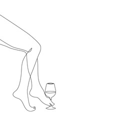 Woman Legs and Wine Glass Line Art Drawing. Abstract Female Legs One Line Drawing for Wall Art, Fashion Prints, Posters. Art Sketch Print, Black And White Single Line Art. Vector EPS 10