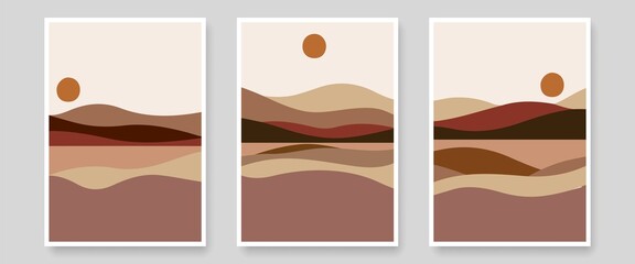 Mid Century Modern Abstract Wall Art Set of 3 Prints with Mountain Landscape in Terracotta Color. Abstract Boho Wall Art Print with Desert Mountains Landscape. Vector EPS 10