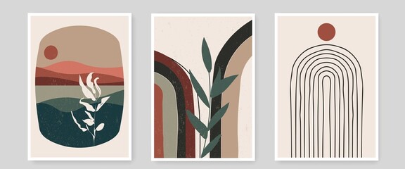Mid Century Modern Abstract Wall Art Set of 3 Prints with Geometric Shapes, Rainbow, Leaves, Mountain Landscape. Abstract Boho Wall Art Print. Vector EPS 10 © Наталья Дьячкова