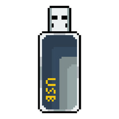 Pixelated Art. Pixel Art of the device USB flash drive. USB flash drives black color with a USB word.