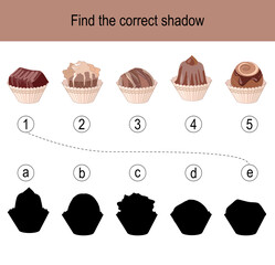 Find the correct shadow puzzle with chocolate sweets. Illustration can be used as logic game for children.