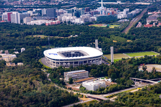 aerial view of Waldstadion, home stadium of the football club Eintracht Frankfurt, also called Commerzbank arena
