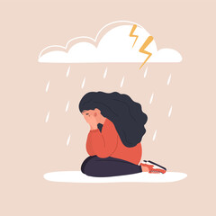 Sad woman sitting under rainy cloud. Depressed teenager crying. Mood disorder concept. Unhappy girl needs psychological help. Vector illustration in cartoon style.