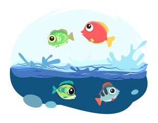 Obraz premium Tropical fish. Little landscape. Underwater marine life. Wild animals. Ocean, sea. Summer water. Isolated on white background. Illustration in cartoon style. Flat design. Vector art