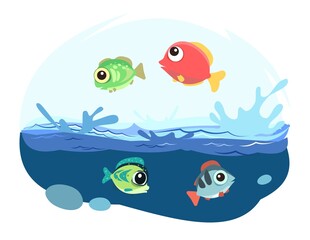 Tropical fish. Little landscape. Underwater marine life. Wild animals. Ocean, sea. Summer water. Isolated on white background. Illustration in cartoon style. Flat design. Vector art