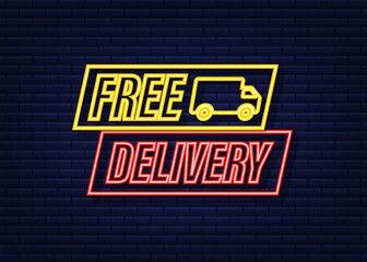 Free delivery. Neon icon. Badge with truck. Vector stock illustrtaion.
